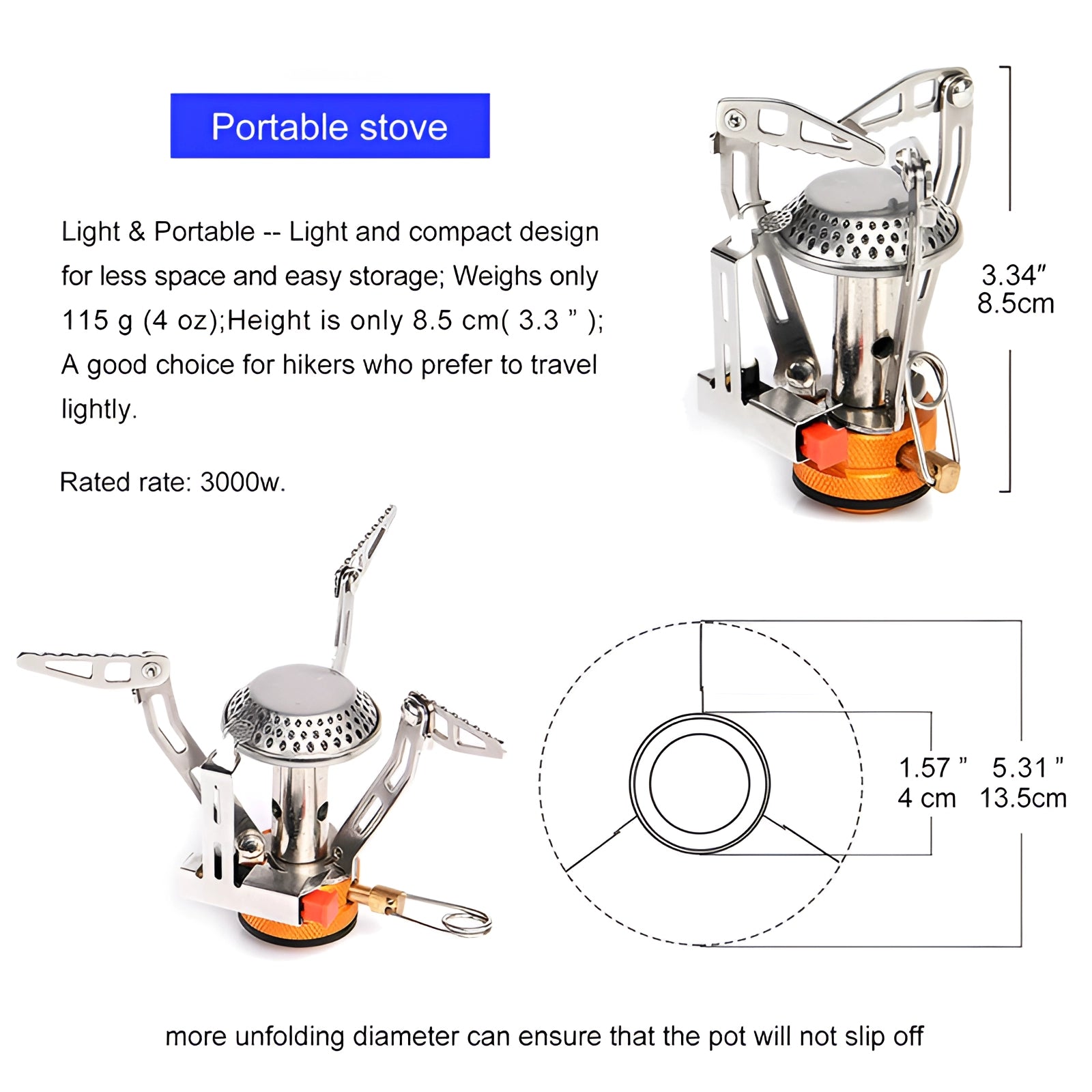 Compact and lightweight Widesea windproof portable backpacking stove with a circular design, displayed alongside a diagram illustrating its features and engineering elements.