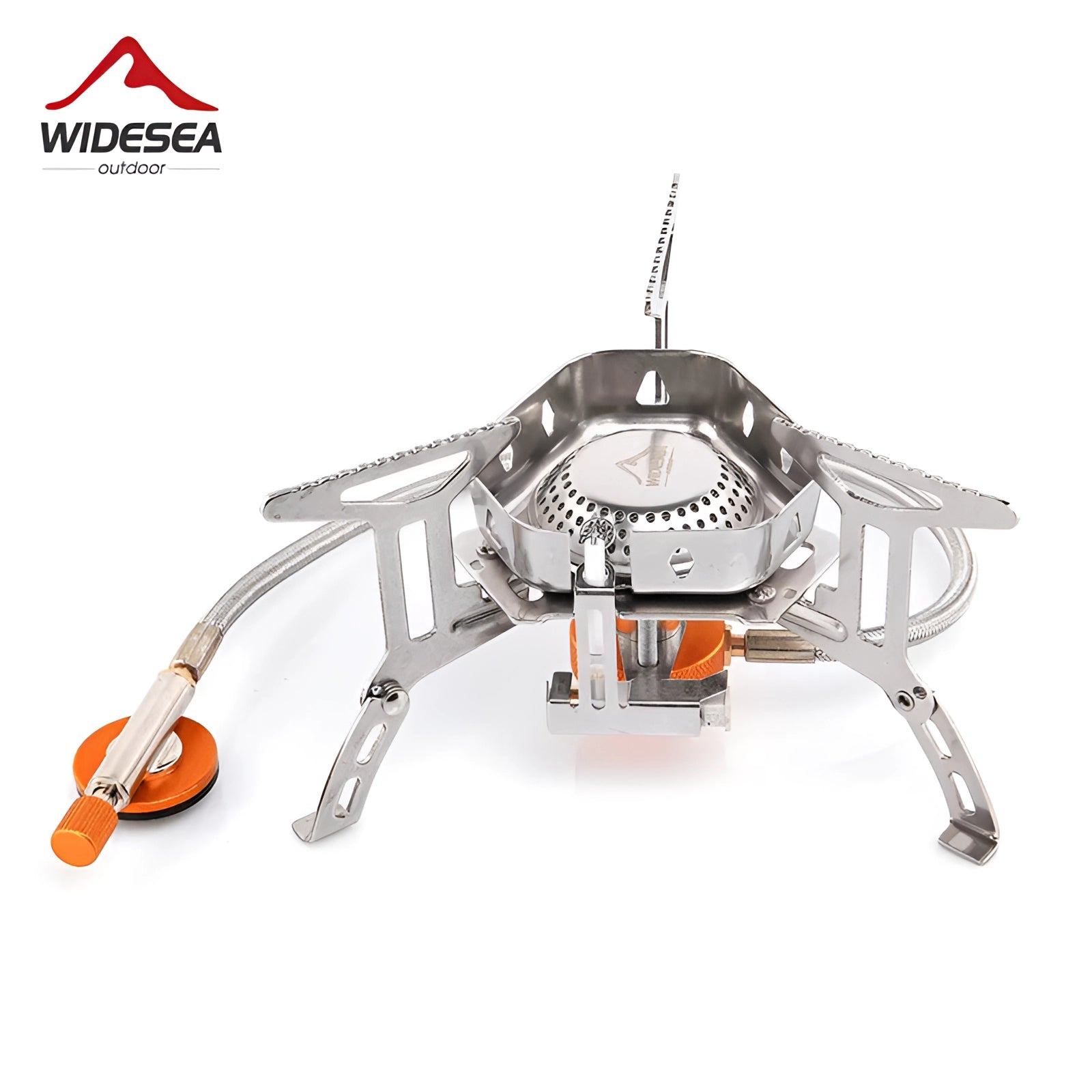 A stainless steel camping stove with a windproof design, featuring a portable gas burner suitable for outdoor use.