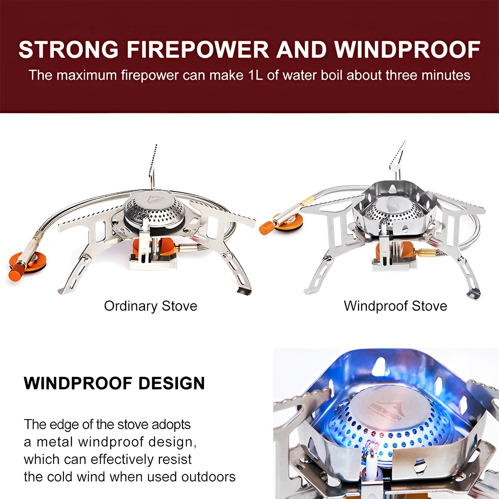 WideSea Windproof Stainless Steel Camping Stove featuring a portable gas burner design with a sleek stainless steel finish and blue accents.