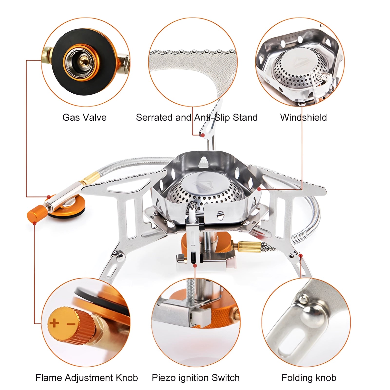 Portable stainless steel camping stove with a windproof design, featuring a compact and durable construction ideal for outdoor gas cooking.