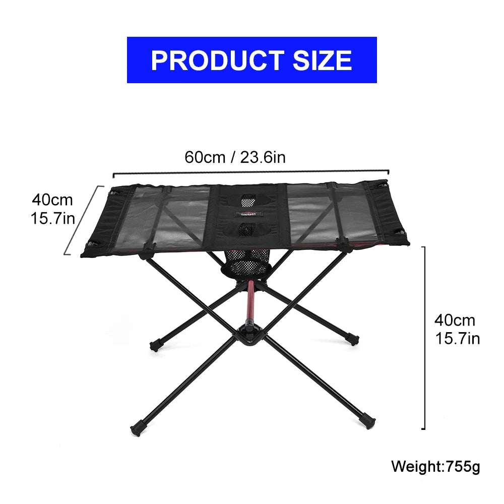 Compact and lightweight foldable camping table made of aluminum, featuring a triangular and parallel design.