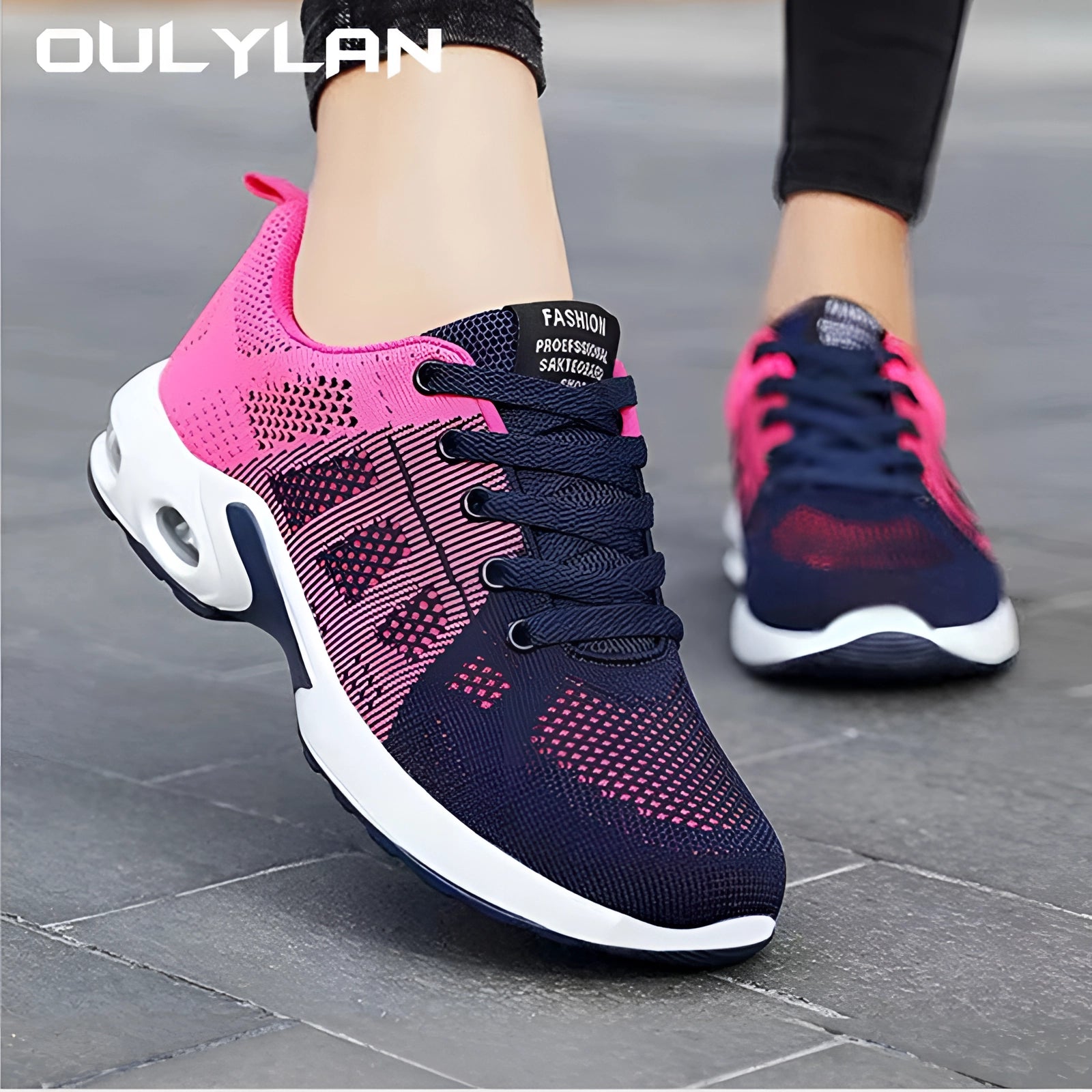 Women's lightweight breathable running shoes in blue and purple with white and grey accents, designed for sports and walking activities.