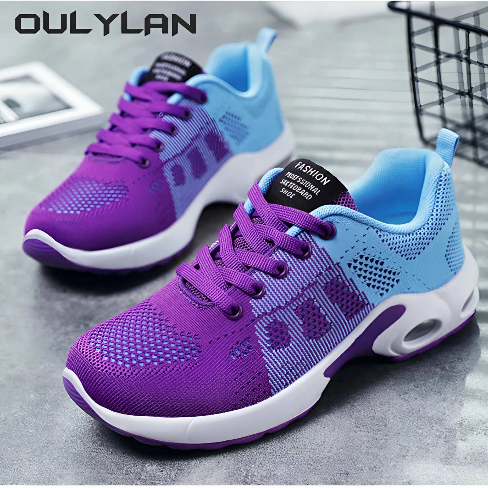 Women's lightweight breathable running shoes in blue and purple, featuring a sleek design suitable for sportswear and walking.