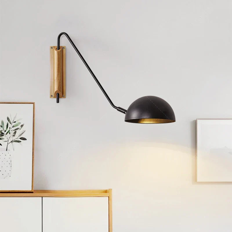 Design Wall Lamp Adjustable with Elegant Matte Black Finish and Wooden Elements by Rovenature