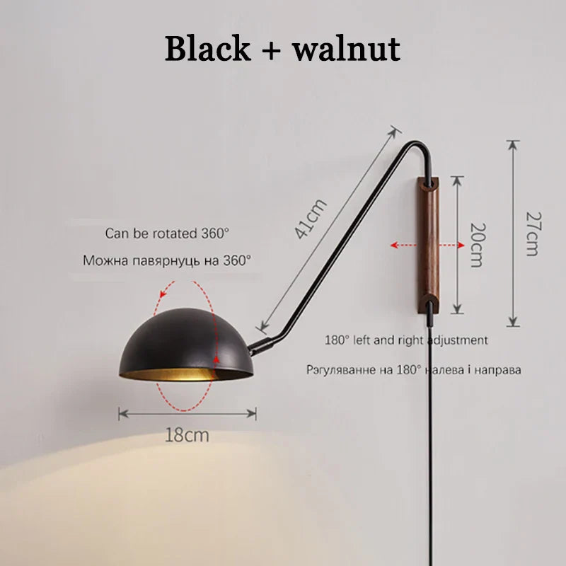 Design Wall Lamp Adjustable with Elegant Matte Black Finish and Wooden Elements by Rovenature