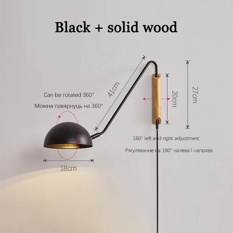 Design Wall Lamp Adjustable with Elegant Matte Black Finish and Wooden Elements by Rovenature